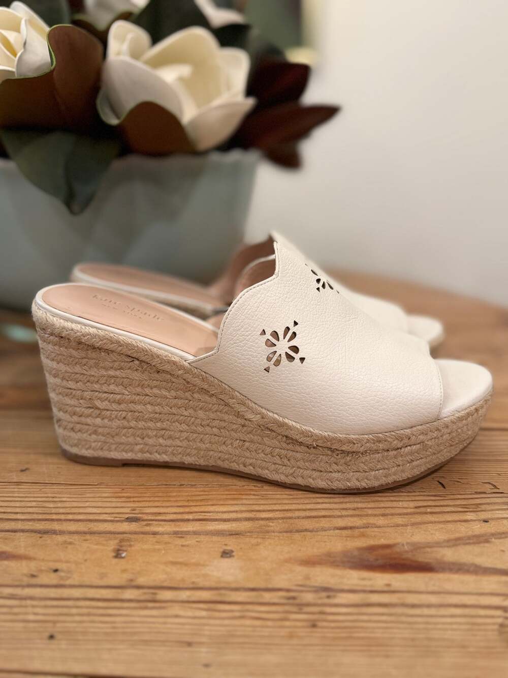 Kate Spade White Leather Espadrille Wedge Slide Sandals Laser Cut Size 10M